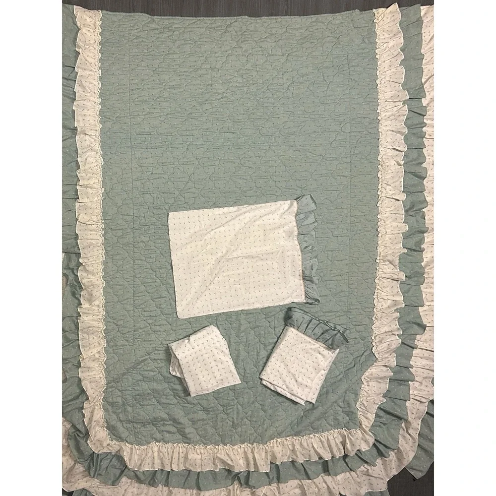Vintage Sears Cottagecore Full Green‎ Floral Ruffle Bedspread Sheets Pillow Case
